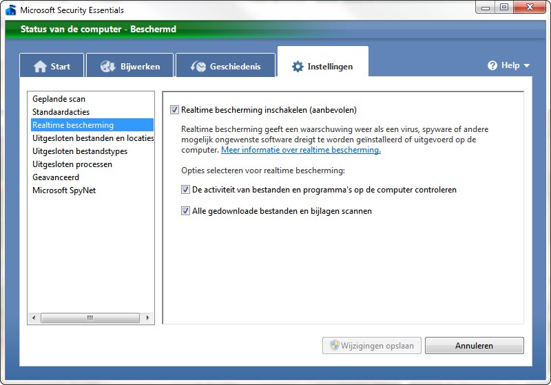 Microsoft Security Essentials realtime bescherming